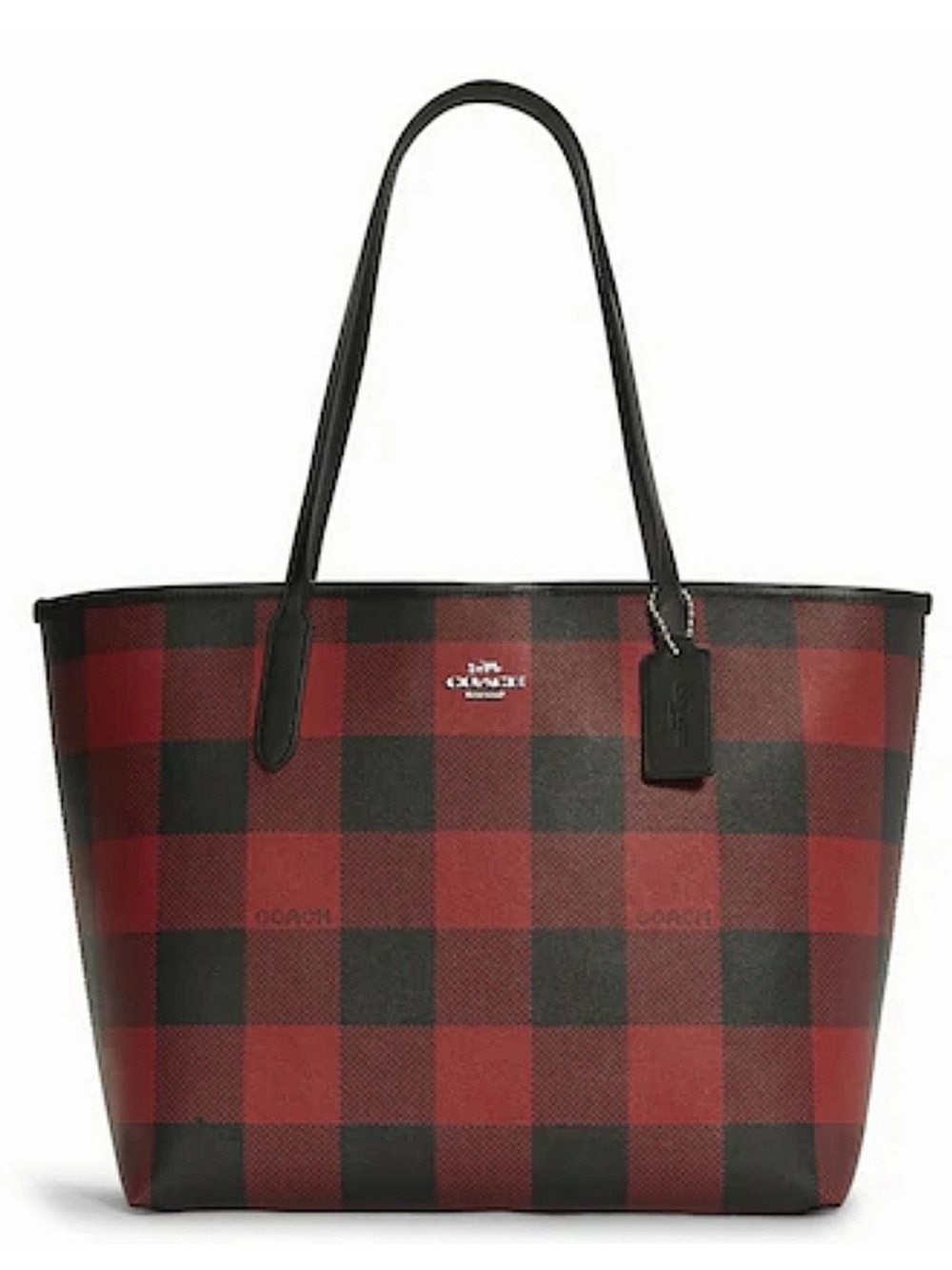 COACH City Tote with Buffalo Plaid Print RED & BLACK NWT